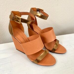 Rebecca Minkoff Tan and Gold Wedge Sandals